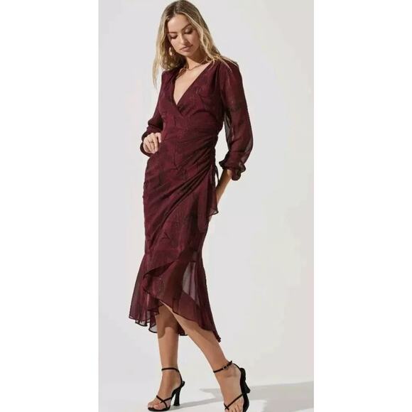 ASTR The Label Metallic Ruffled Faux Wrap Maxi Dress Burgundy Women's Size Small - Picture 3 of 7